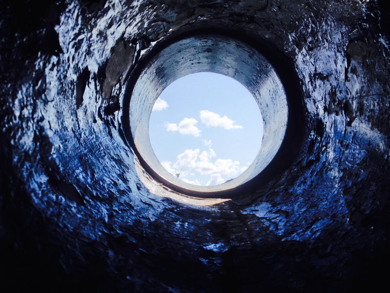 sky, hole, light at the end of the tunnel, history, low angle view, wall - building feature, circle, built structure, geometric shape, directly below, tube