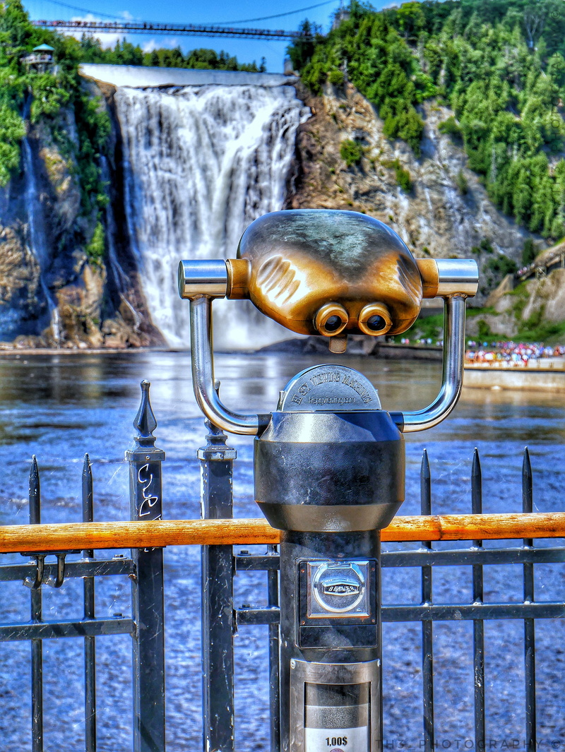 metal, water, coin-operated binoculars, no people, canada, landscape, scenics - nature, montmorency, water courses, architecture, travel, coin operated
