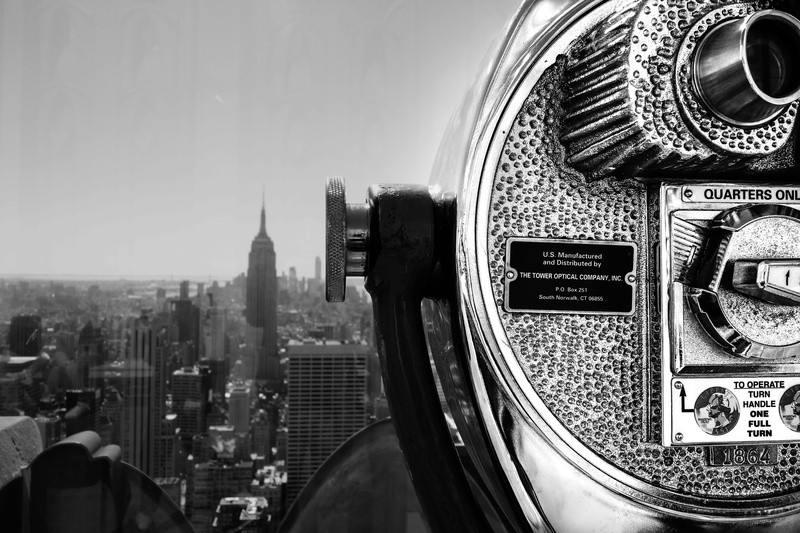 white, black, new york city, coin operated, quarter, viewfinder, office building exterior, sky, close-up, building exterior, binoculars, manhattan, financial district