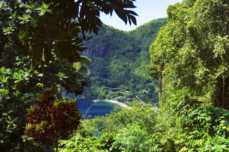 no people, aerial view, tranquility, outdoors, trees, tree, beach, lush foliage, 5K, sky, mountain, mountains, beauty in nature, hills, soufriere, tranquil scene