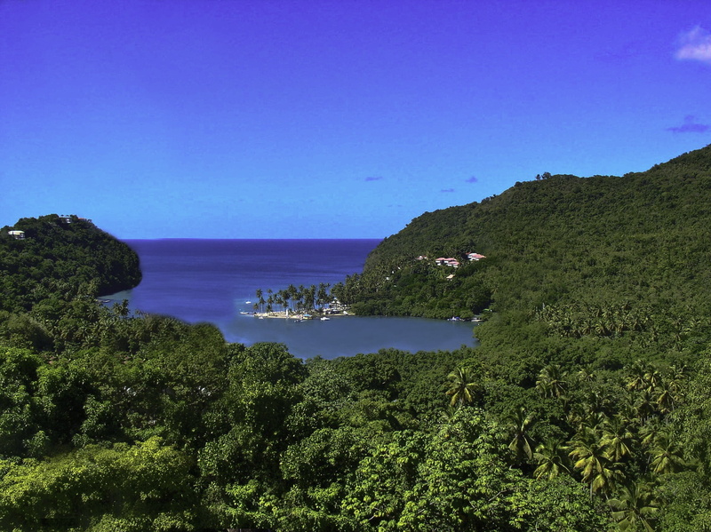 day, blue, green color, tree, sea, st lucia, caribbean, growth, plant, mountain, tranquility, clear sky, horizon over water, tranquil scene, water, sky