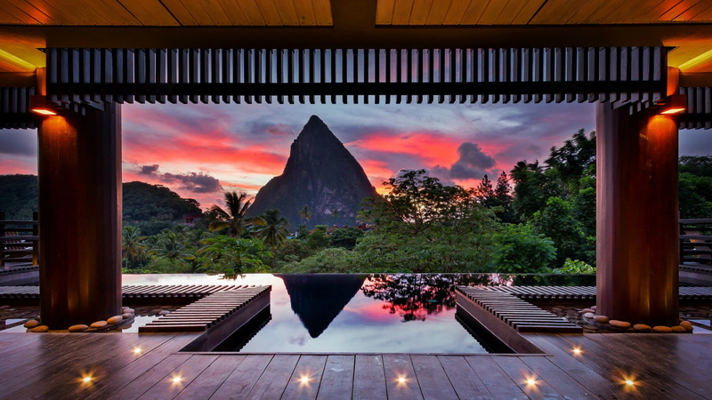 Wooden Surface, clouds, swimming pool, Trees, 1080P, nature, Palm Trees, no people, tranquil scene, landscape, luxury, St. Lucia, illuminated, water, dusk