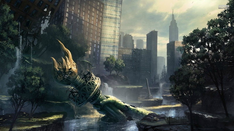 water, outdoors, river, skyscraper, animal, representation, plant, tree, statue, sculpture, nature, no people, Post Apocalyptic, architecture, Sci Fi, city