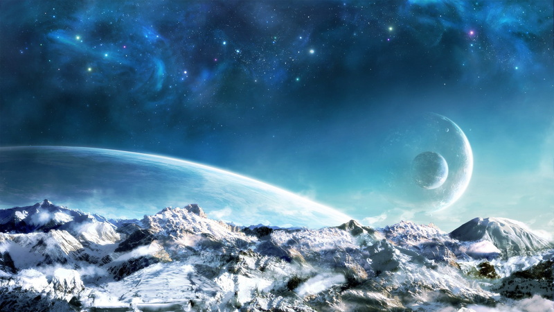 mountains, stars, space, outer, snow, rise, planets, sci fi, landscapes, 1080P