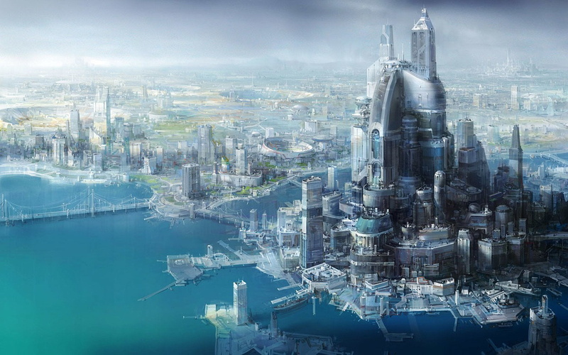 City, Ocean, building exterior, landscape, Star Wars, fuel and power generation, no people, 1080P, Water, urban skyline, Futuristic, outdoors, pollution