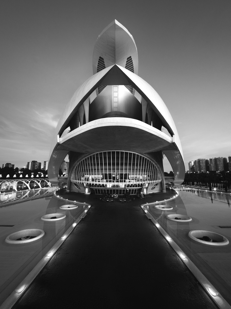 modern, nature, parking lot, night, illuminated, architecture, luxury, downtown, holiday, transportation, building, spain, urban, valencia, black and white