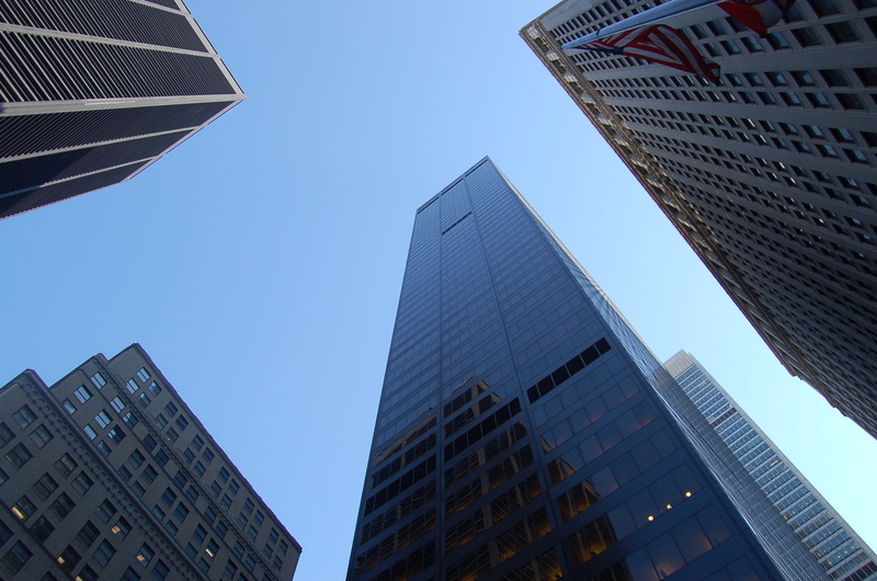 glass windows, low angle shot, offices, building exterior, no people, reflection, building, sky, directly below, buildings, financial district, 1080P