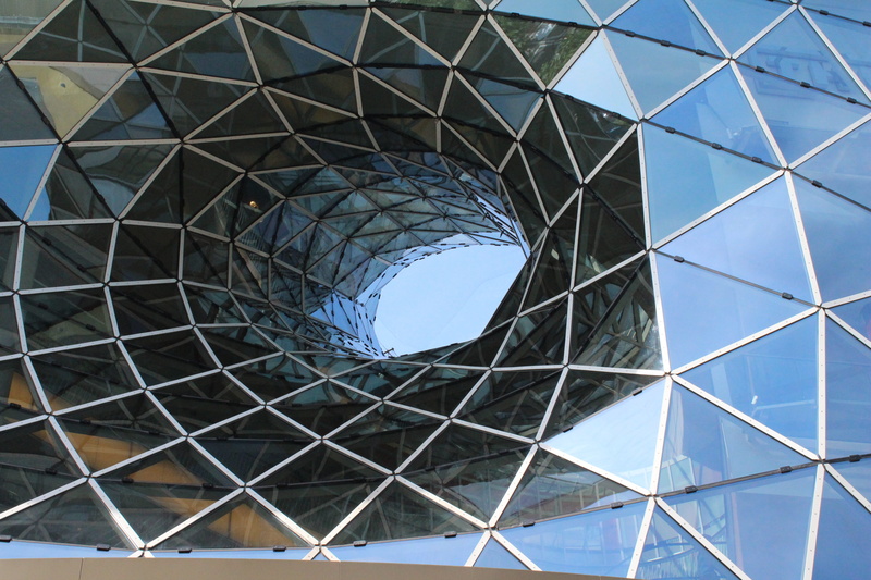 metal, buildings, futuristic, blue, urban, 5K, modern architecture, directly below, sky, built structure, Architecture, day, steel, Frankfurt, modern building