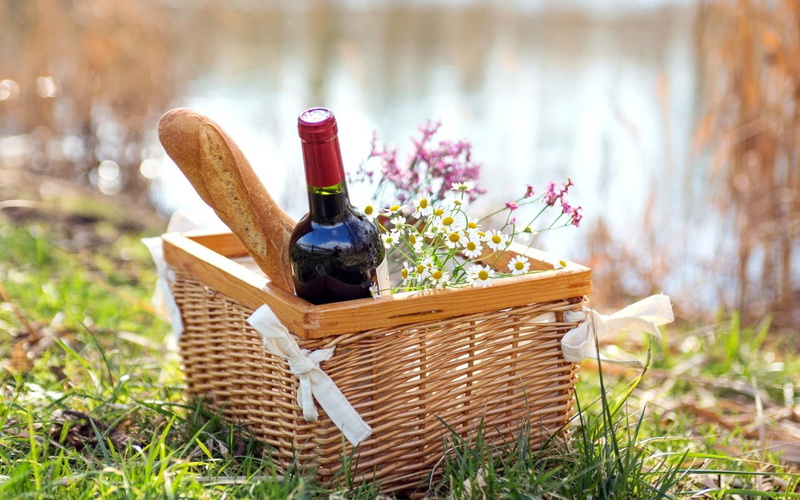 bottle, basket, wicker, 1920x1200, 1080P, bread, photography, baguette, wine, french