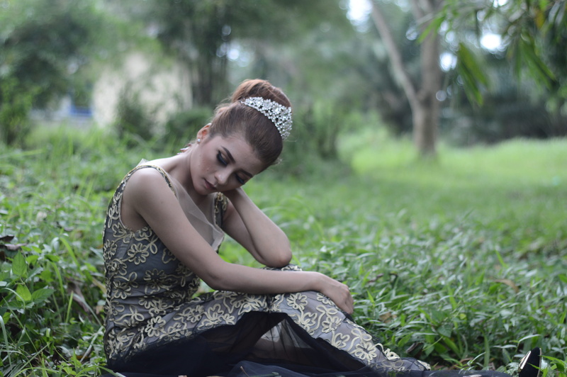 grass, 4K, focus on foreground, clothing, park, sitting, fashion, embroidered, three quarter length, looking, model, dress, field, plant, photoshoot, white