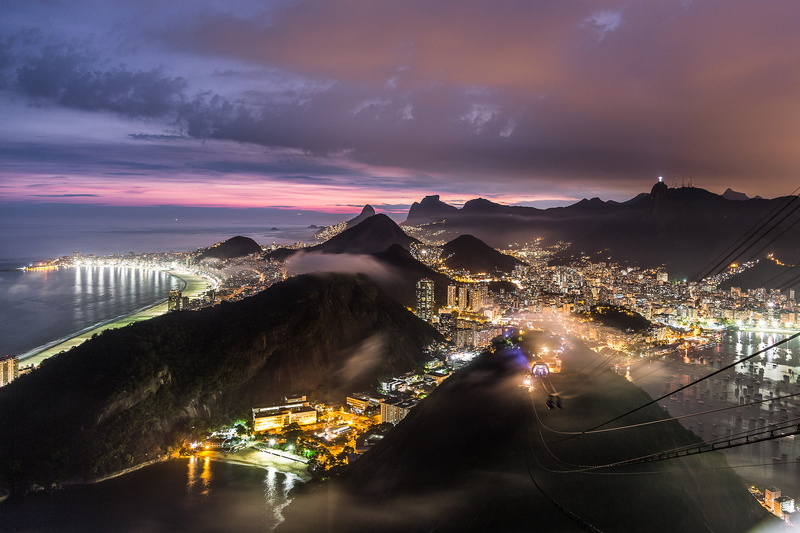 lights, evening, The Atlantic ocean, mountains, sunset, panorama, hills, lighting, 1080P, Brazil, Brasil, the sky, coast, Sugar Loaf, height, the city