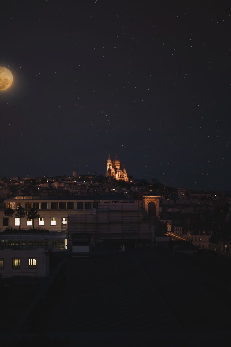 residential district, photographer, view, night, stars, love, cityscape, moonlight, outdoors, s, glowing, nature, full moon, built structure, bird, city
