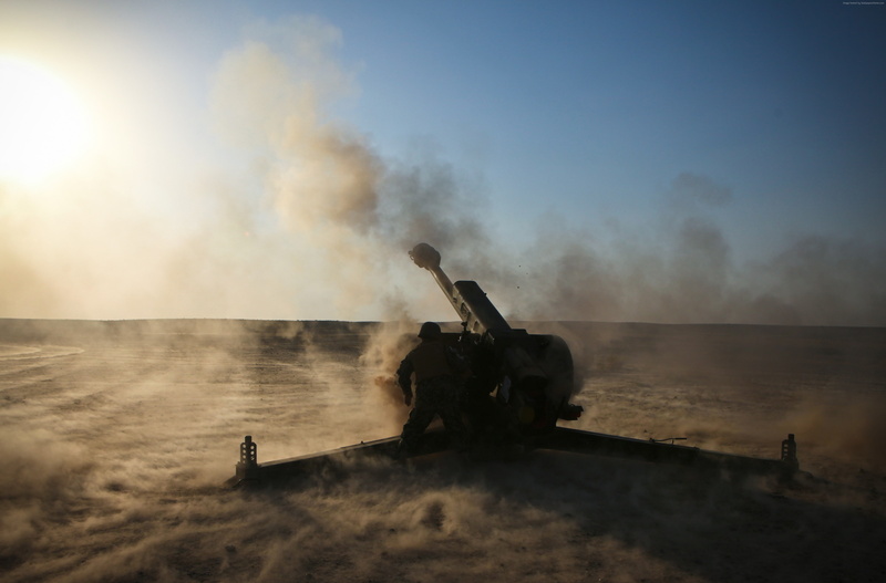 artillery, 122-mm, weapon, howitzer, 2A18, firing, D-30, 4K, sand, desert