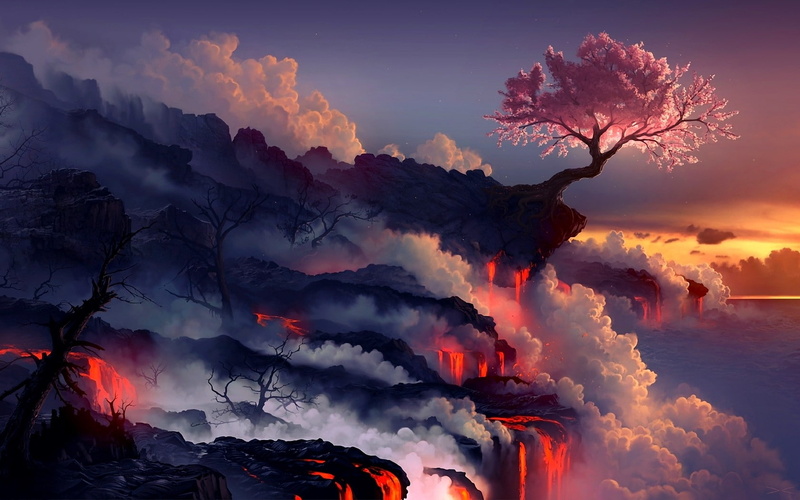 Trees, hd, tree, lava, 720P, art, cherry, nature, digital, Landscapes, x