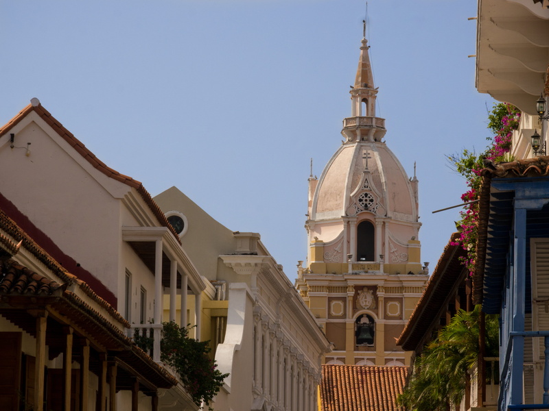 religion, 4K, outdoors, building, sky, church, place of worship, tower, architecture, belief, clear sky, clock, spire, cartagena, building exterior, day