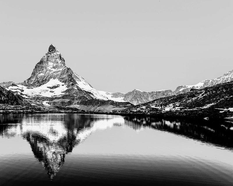 monochrome, scenics - nature, snowcapped mountain, sky, mountain peak, lake, mountain landscapes, switzerland, 2K, waters, matterhorn, reflection, day