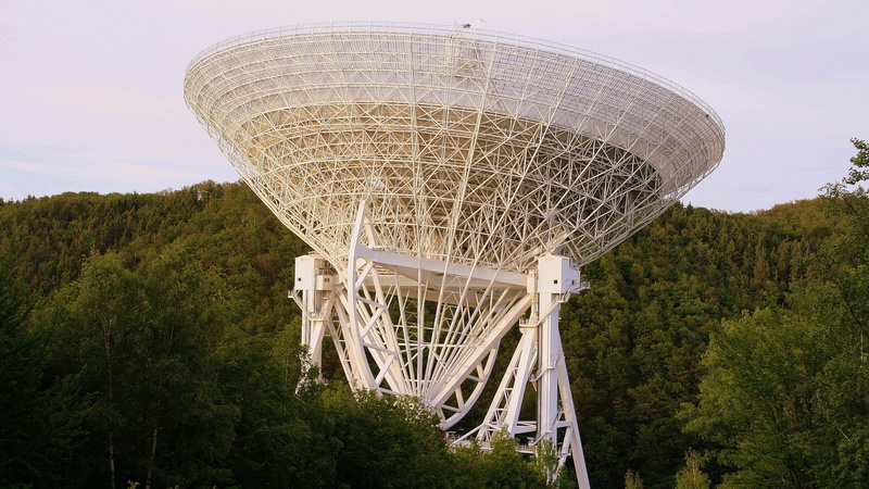 green color, dish, astronomy, 2K, antenna, trees, nature, environment, low angle view, environmental conservation, day, building exterior, communication
