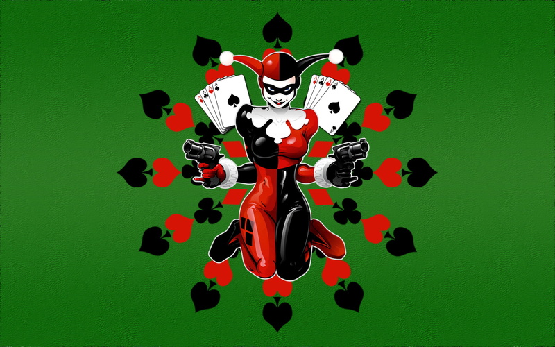 harley, 720P, cartoon/comic, green, hd, cards, playing, batman, revolver, quinn