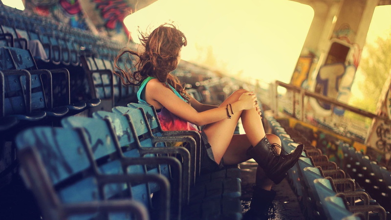 stadium, leisure activity, architecture, 1080P, adult, top, women, relaxation, brunette, young women, boots, chair, travel, tank, nature, looking away