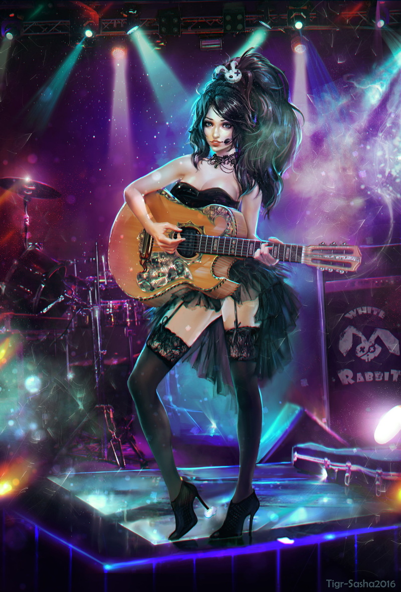 stage, illuminated, guitar, women, young women, hairstyle, full length, beautiful woman, glamour, dark, nightlife, fashion, 2K, nightclub, arts culture and entertainment