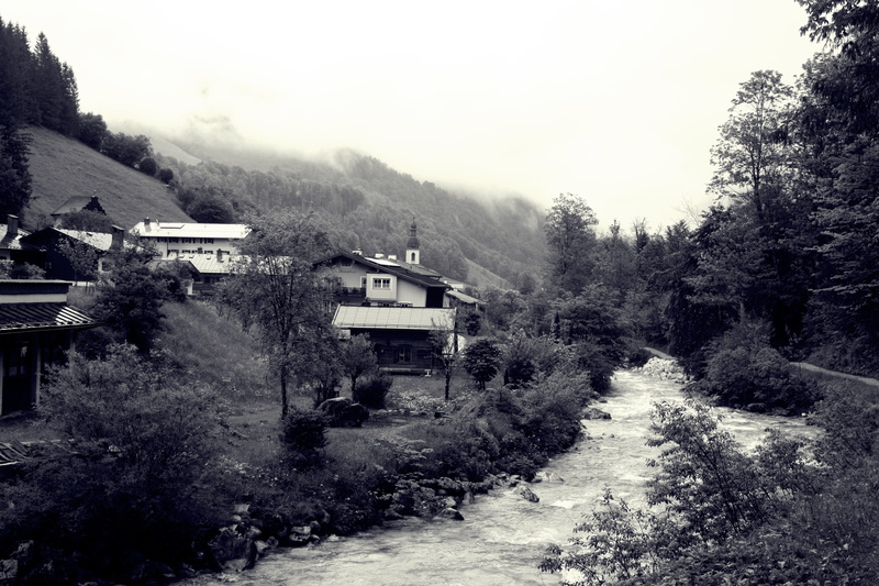 house, tree, berchtesgadener land, black photography, landscape, built structure, day, upper bavaria, architecture, fog, building exterior, trekking, environment