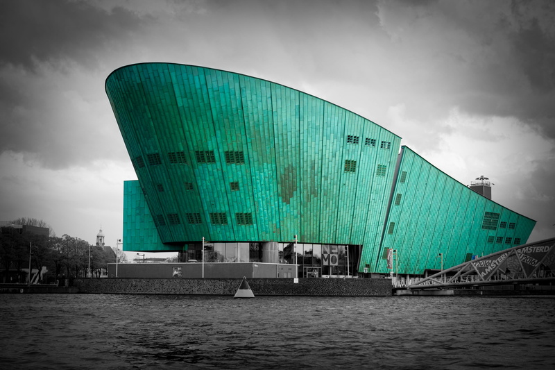 large, built structure, cloudy, cloud - sky, outdoors, building, no people, futuristic, sea, low angle view, transportation, 4K, green color, black and white