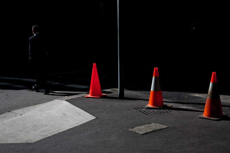 no people, metropolis, sidewalk, guidance, street, asphalt, triangle, red, urban, town, 5K, manhole, house, footpath, bollard, protection, human, transportation