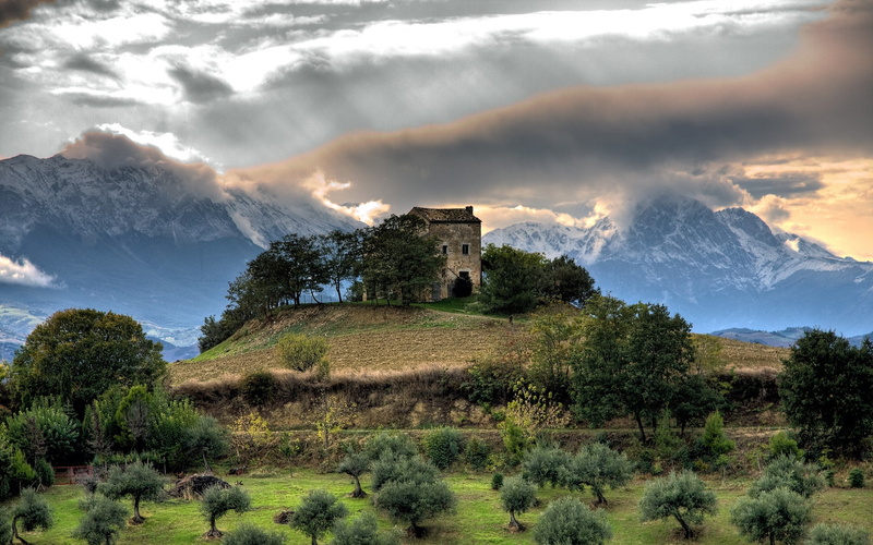 snowy mountain, landscape, old building, hills, house, mountains, clouds, snowy peak, trees, nature, ruin, architecture, 1080P