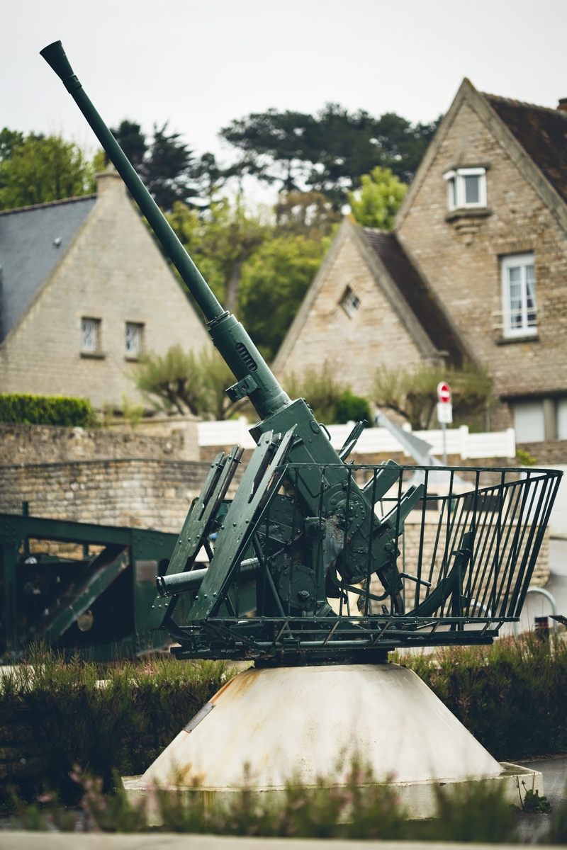built structure, flak, house, no people, military, building exterior, building, world war ii, plant, residential district, gun, 5K, focus on foreground