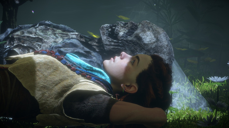 science fiction, bunker, flowers, 4K, Horizon: Zero Dawn, laying on back, sunlight, cave, spider webs, video games, Aloy (Horizon: Zero Dawn), horizon zero dawn