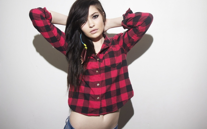 white background, red, hairstyle, indoors, portrait, arms raised, 720P, human arm, plaid, hair, one person, waist up, young women, three quarter length