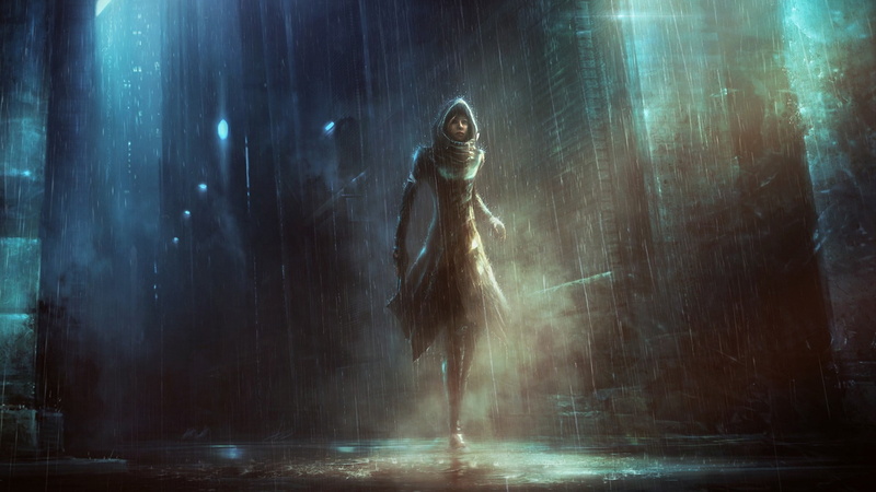 city, artwork, concept art, futuristic, alleyway, 1080P, fantasy art, science fiction, women, people, street, rain, alone