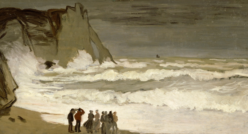 people, shore, Stormy Sea in étretat, 2K, storm, seascape, picture, Claude Monet