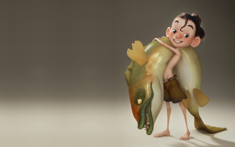 A big one!, art, fish, childrens, mood, kid, 2K, mining, Mark Lee, minimalism, boy, catch