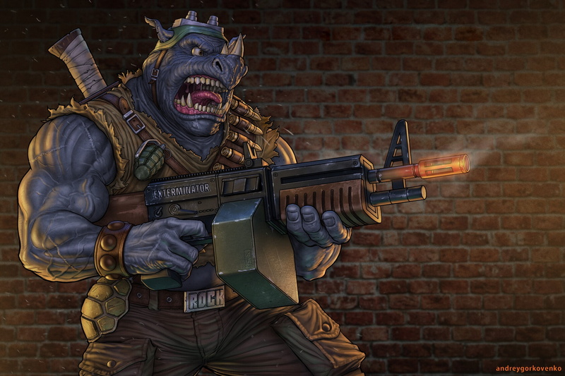 1080P, Machine gun, Minimalism, Background, Wall, Art, Rocksteady, TMNT, Character, ANDREY GORKOVENKO, Style, Teenage Mutant Ninja Turtles, by ANDREY GORKOVENKO