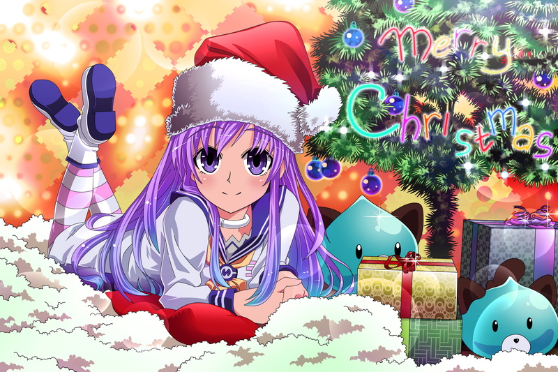 Nepgear (Hyperdimension Neptunia), anime girls, 4K, Santa hats, Christmas, Hyperdimension Neptunia, anime, purple eyes, purple hair, legs up