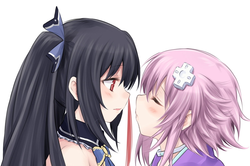 noire, girls, neptunia, pink, yuri, 720P, suzushiro, black, hyperdimension, hair, blush, yukari, neptune, white