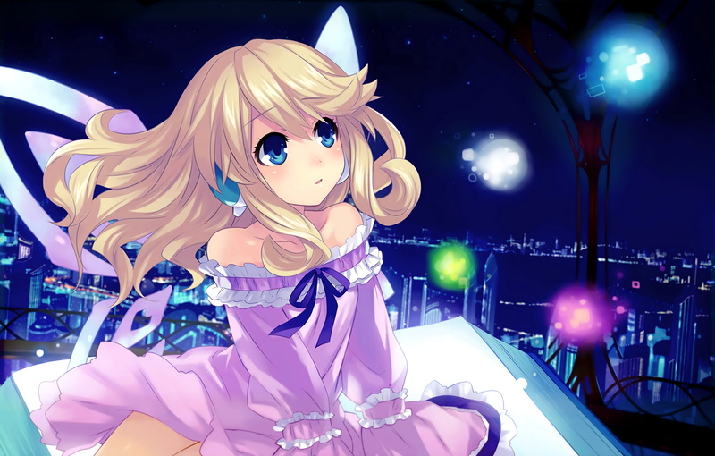 histoire, looking away, glowing, blonde, Anime, lighting equipment, dress, indoors, close-up, decoration, hyperdimension neptunia, 4K, night, creativity