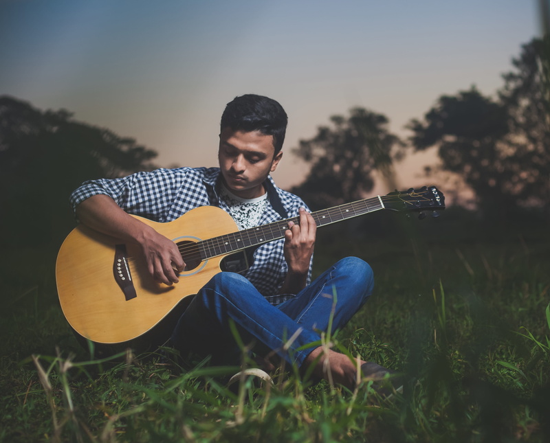 one person, string instrument, music, field, men, accoustic, outdoors, plucking an instrument, front view, artist, plant, young adult, casual clothing