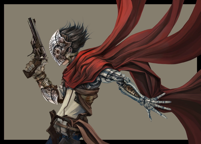 cyborg, scarf, creativity, studio shot, art and craft, close-up, robot, indoors, day, pistol, anime, holding, simple background, architecture