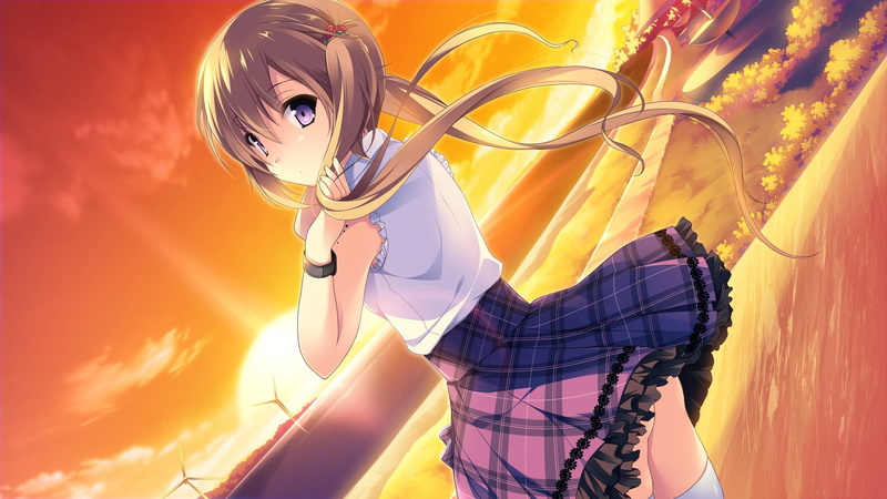 girls, adult, skirt, transportation, long hair, young adult, purple eyes, metal, one person, blonde, anime girls, orange color, sky, yellow, child, anime