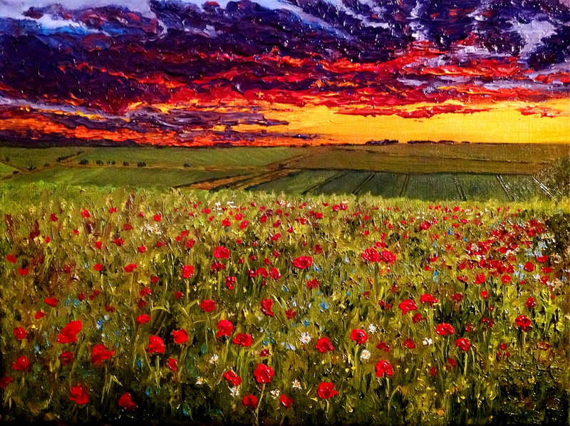 artist O. Katz., flowering plant, sunset, springtime, picture, canvas, vibrant color, sky, yellow, beauty in nature, 2K, red, landscape, environment, growth