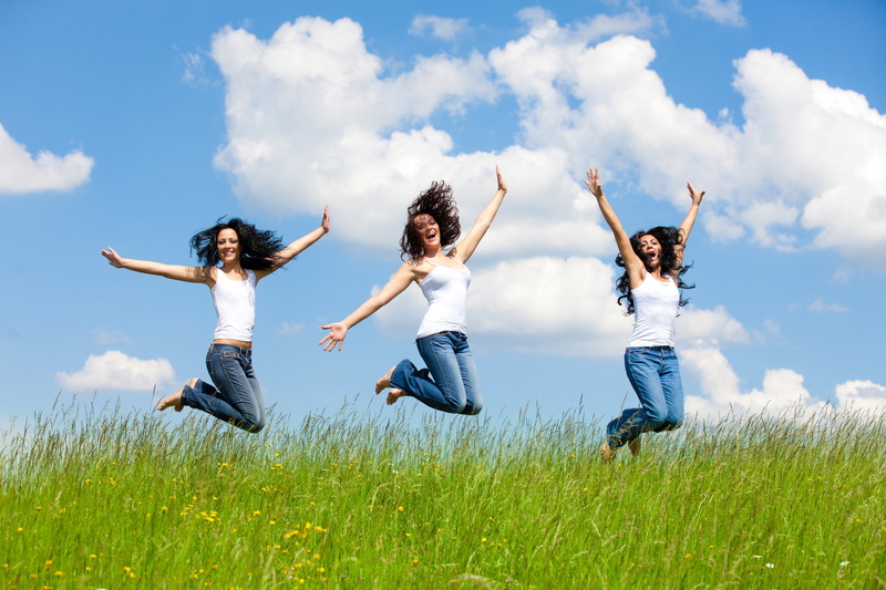 joy, the sky, Mikey, barefoot, in the field, brunette, mood, 4K, girls, grass, hairstyles, three, the sun, jump, jeans, greens, happiness, clouds