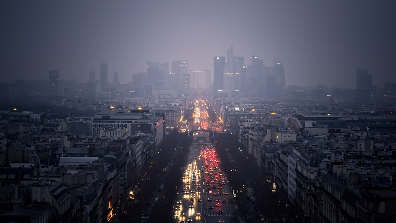 road, car, street, 1080P, La Défense, Paris, sky, mist, lights, La Defense Paris, city, cityscape, building