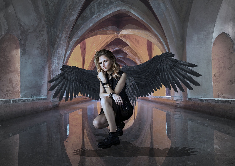 mysterious, beauty, leisure activity, front view, sitting, arch, animal wing, building, dark, supernatural, hairstyle, angelic, vampire, architectural column