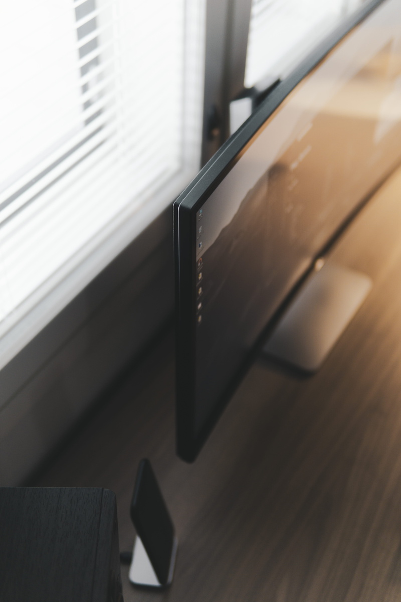 focus on foreground, still life, close-up, 5K, paper, box, beside, venetian, turned, high angle view, no people, black color, blinds, computer, monitor