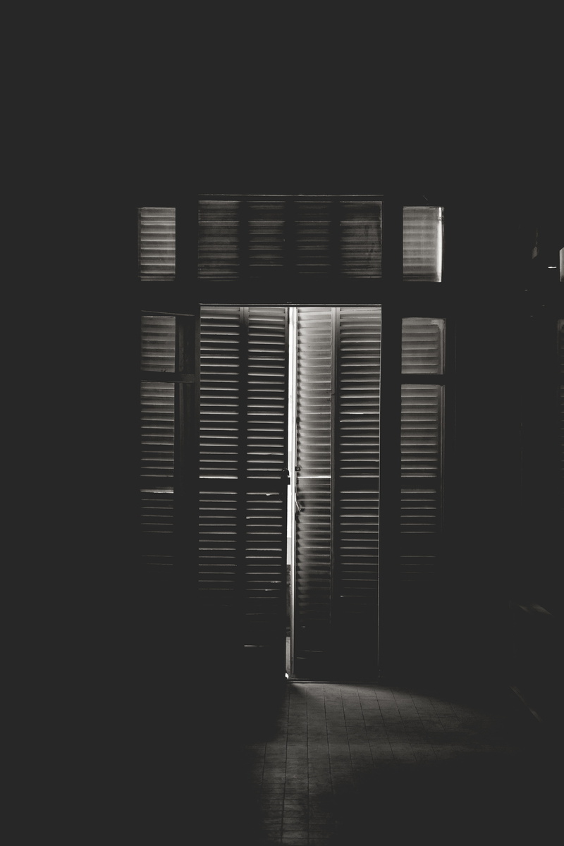 built structure, entrance, architecture, domestic room, indoors, doors, closed, lights, dark, day, light through the door, no people, 5K, nature, pattern