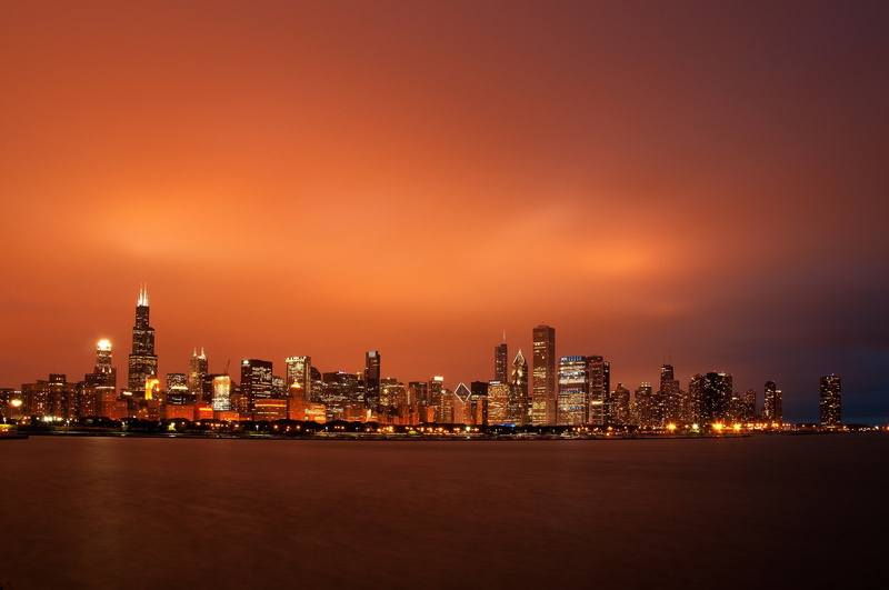 Sunset, Skyscrapers, metropolis, Chicago, USA, 1080P, sky, Night