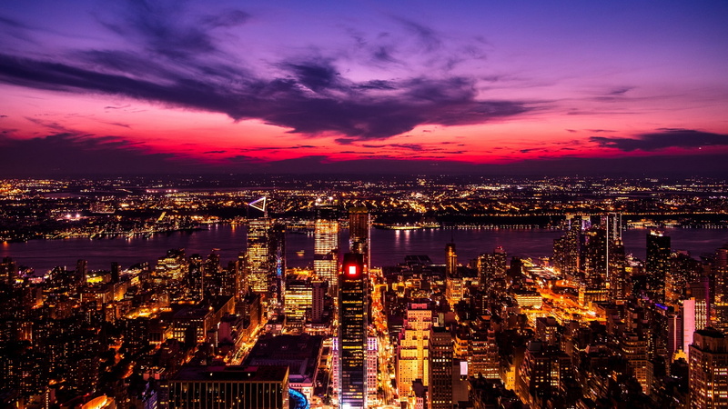 urban skyline, cloud - sky, office building exterior, building exterior, modern, crowd, city lights, cityscape, 1080P, city, nightlife, sunset, water