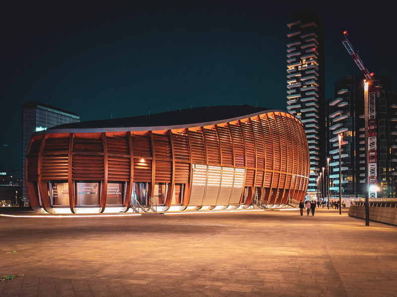 metropolis, building, city, convention center, no people, flare, framed, clear sky, high rise, sky, nighttime, 2K, wooden, light, modern, near, dusk, human